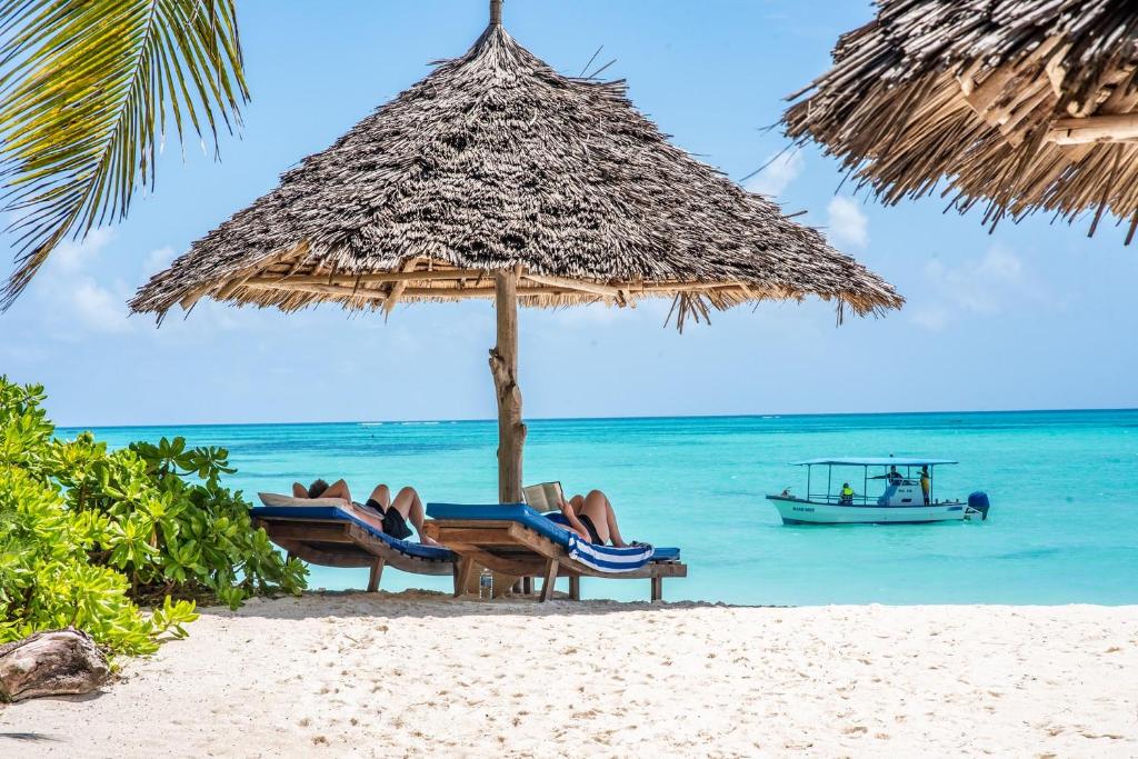 a group of people sitting in chairs under an umbrella on a beach at Pongwe Beach Hotel in Pongwe