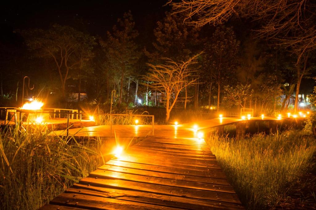 a wooden walkway with lights in a park at night at Kiboko Lodge in Usa River