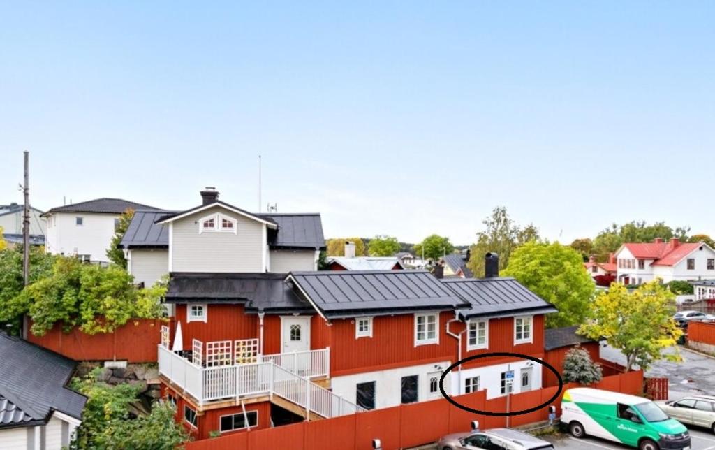 an aerial view of a neighborhood with houses at Stockholm Archipelago apartment in Vaxholm