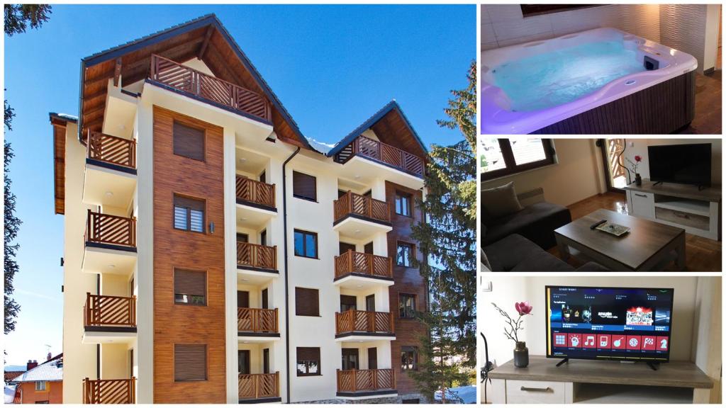 un collage di foto di un edificio con piscina e TV di Zlatiborska vila 2 a Zlatibor