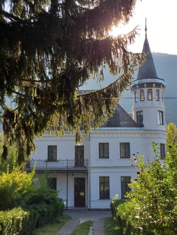 a white building with a tower on top of it at Vila Micul Castel in Sinaia