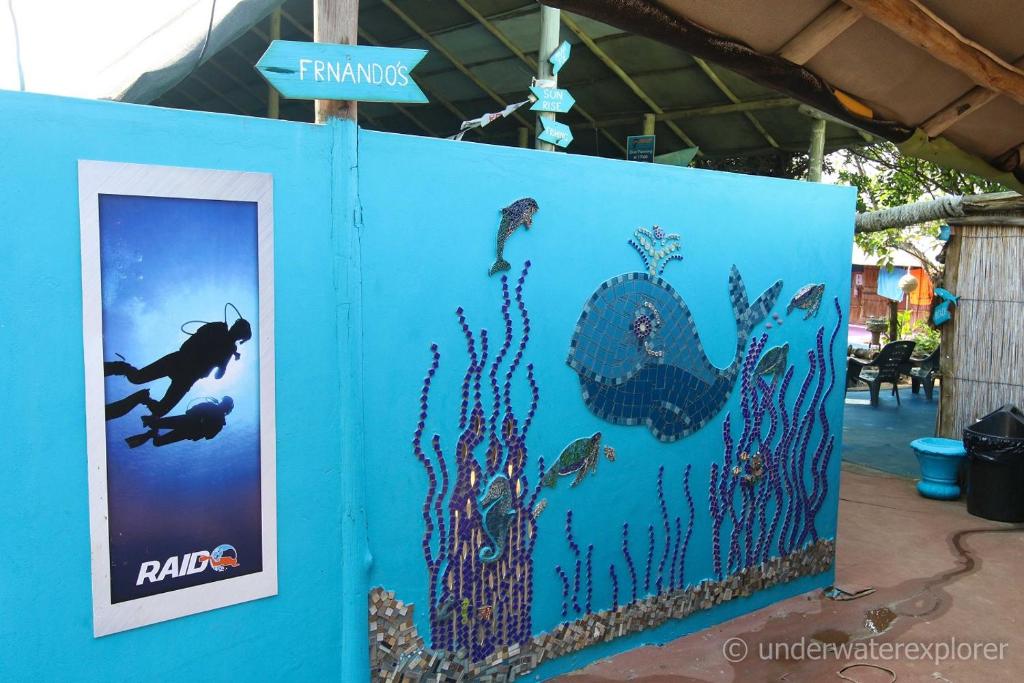 a blue wall with a painting of an aquarium at Underwater Explorer in Ponta do Ouro