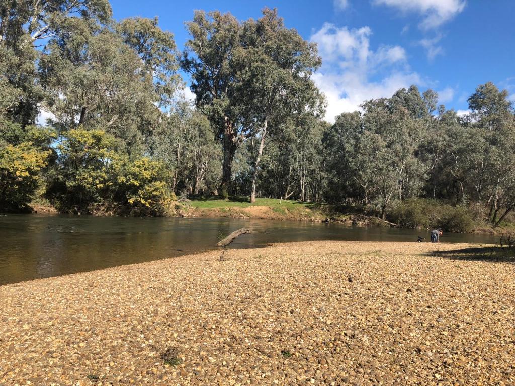 a river with trees in the background and a sandy shore at Beltie Park Homestead in Wangaratta