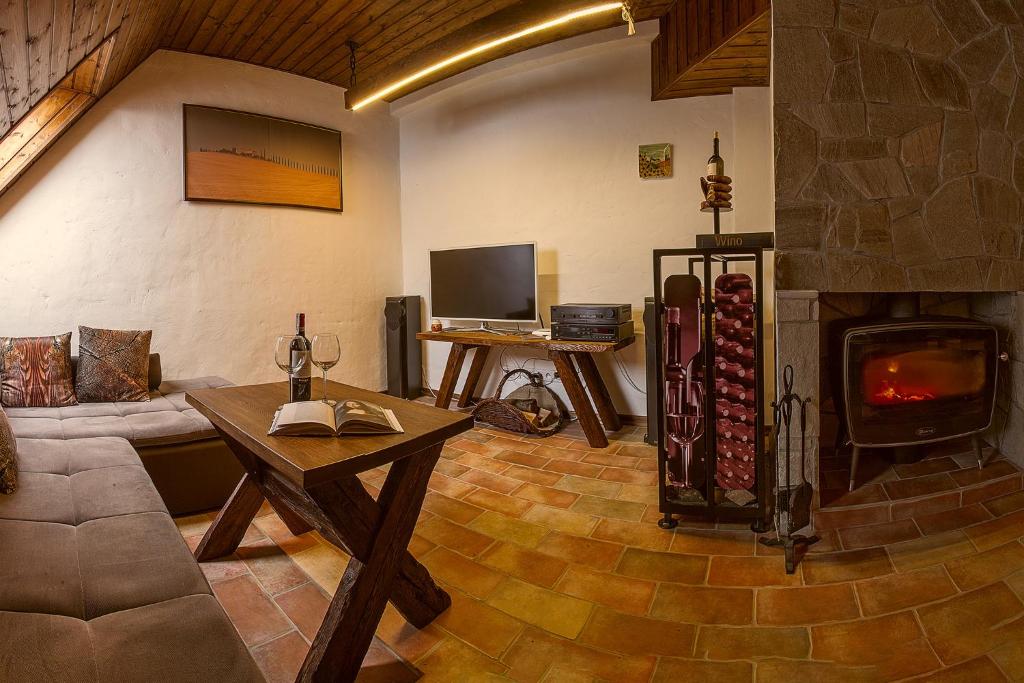 a living room with a couch and a fireplace at Apartament Villa Toscana in Jaworki