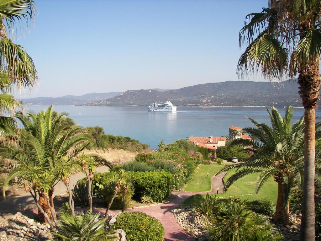 ein Kreuzfahrtschiff im Wasser mit Palmen in der Unterkunft Résidence Figarella in Propriano