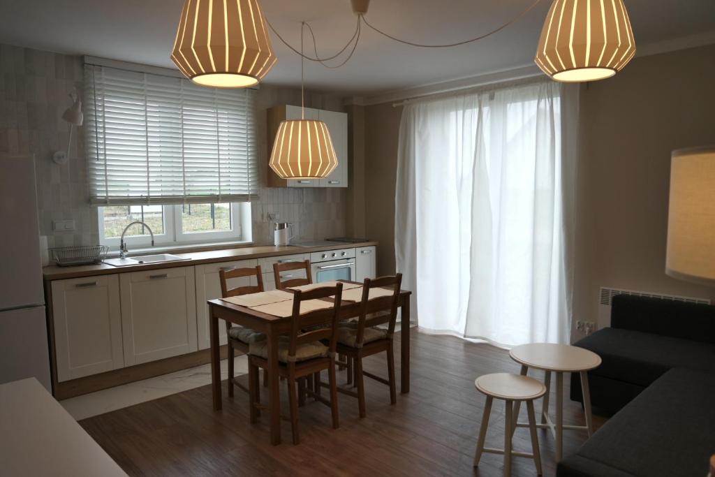 a kitchen and dining room with a table and chairs at Apartamenty przy Winnicy in Busko-Zdrój