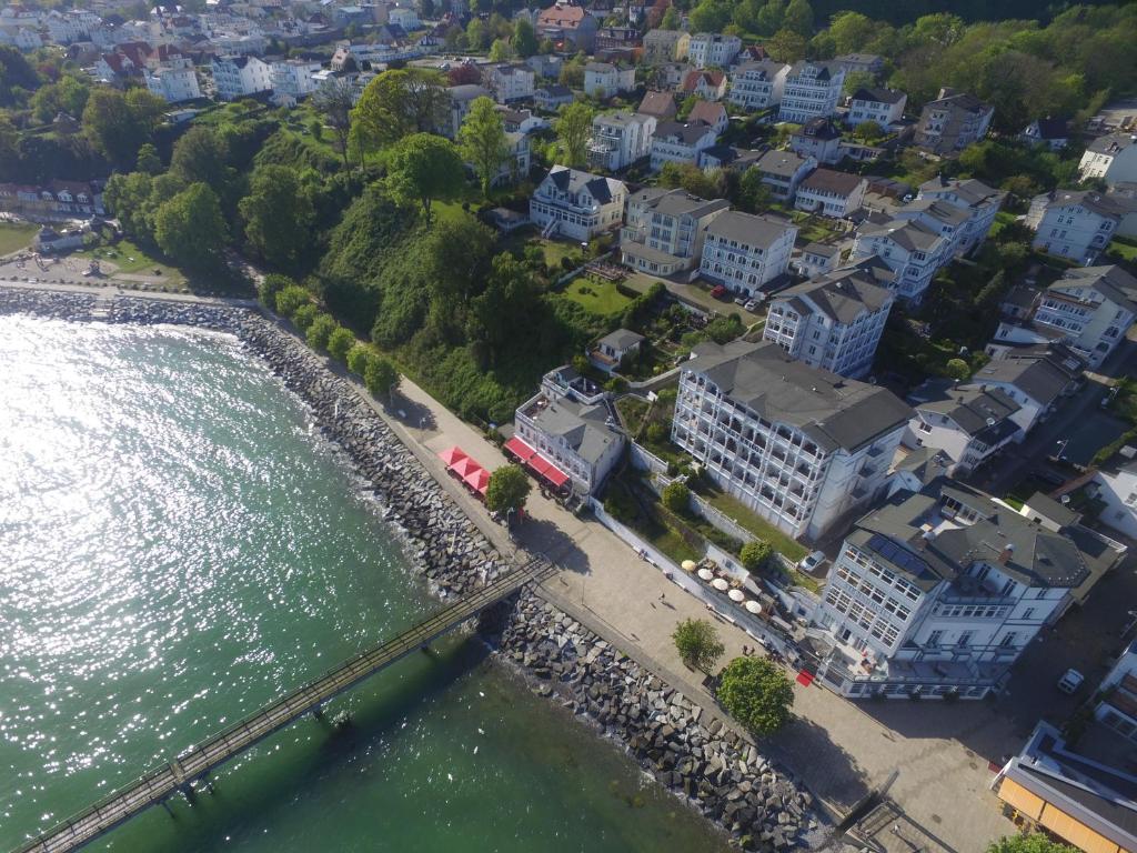 an aerial view of a city next to a river at Fährblick - Pension direkt am Wasser in Sassnitz