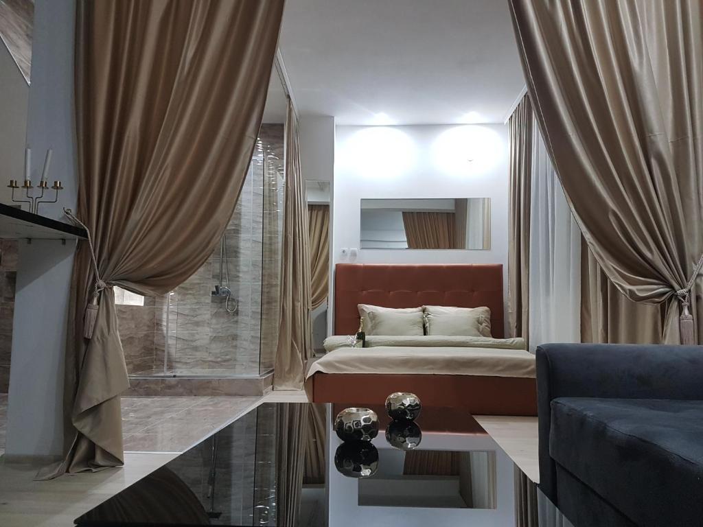 ein Schlafzimmer mit einem Bett, einer Dusche und einem Sofa in der Unterkunft Apartments Vila White House in Pančevo