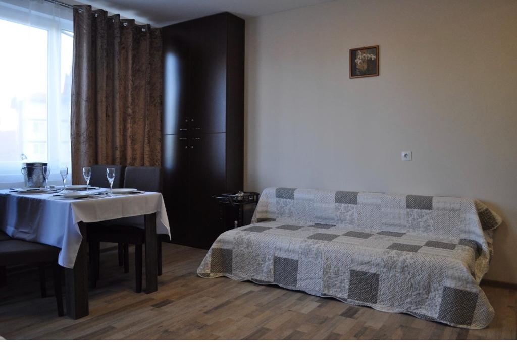 - une chambre avec une table, un lit et une fenêtre dans l'établissement ComfortApartment IGLIKA 2, à Borovets