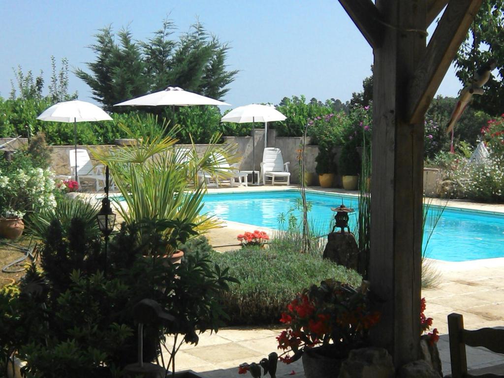 una piscina con sombrillas y sillas y una piscina en Couette et Chocolat, en Les Lèches