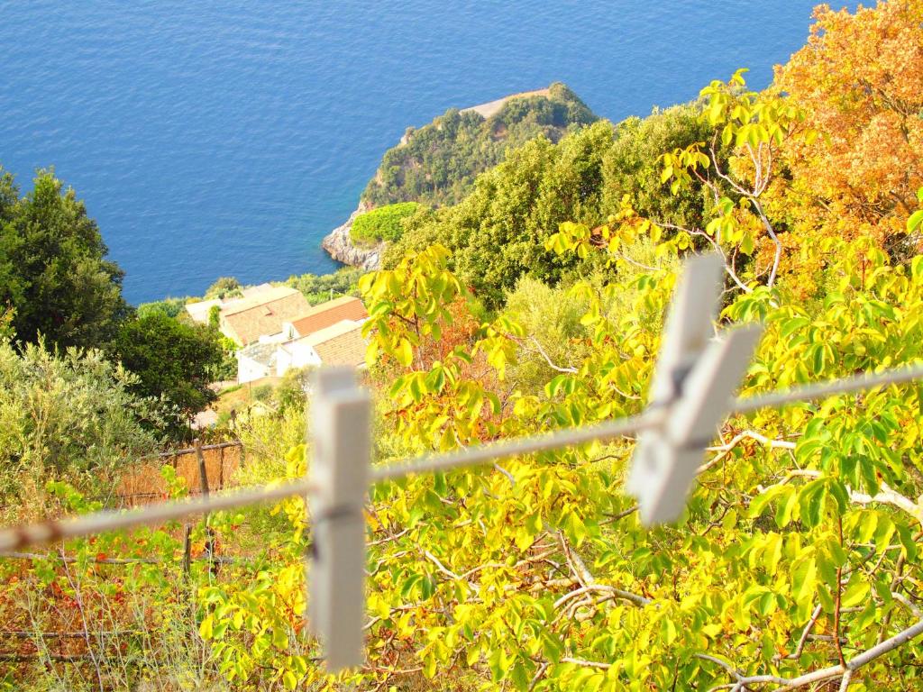 a view of the ocean through a fence at GIARDINO SUL MARE in Amalfi