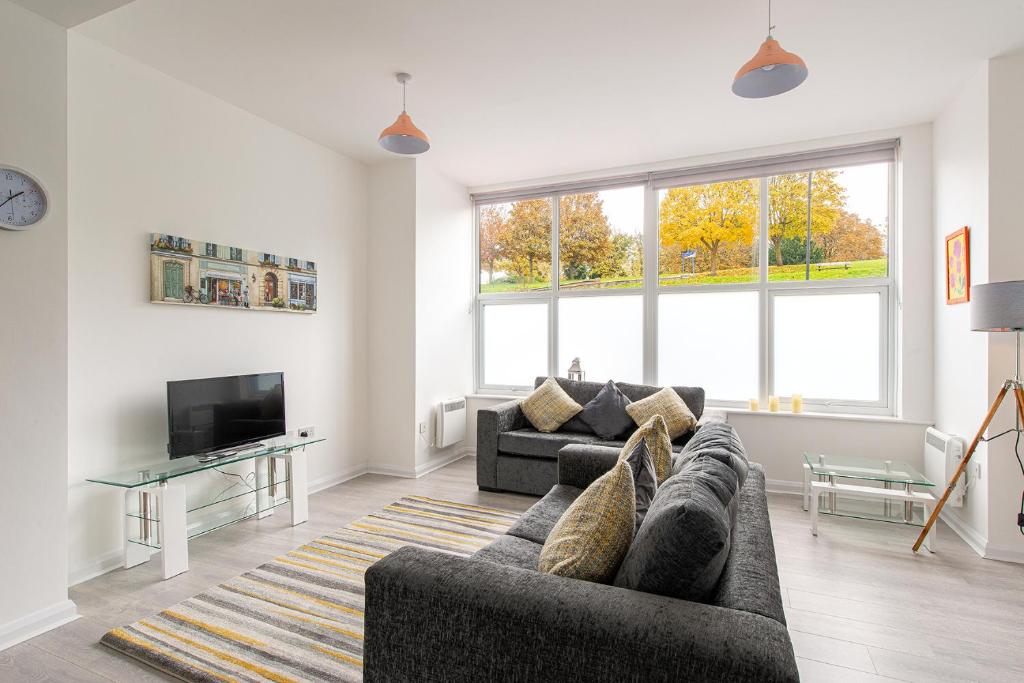 a living room with two couches and a tv at Riverside Luxury Apartment in Rochester