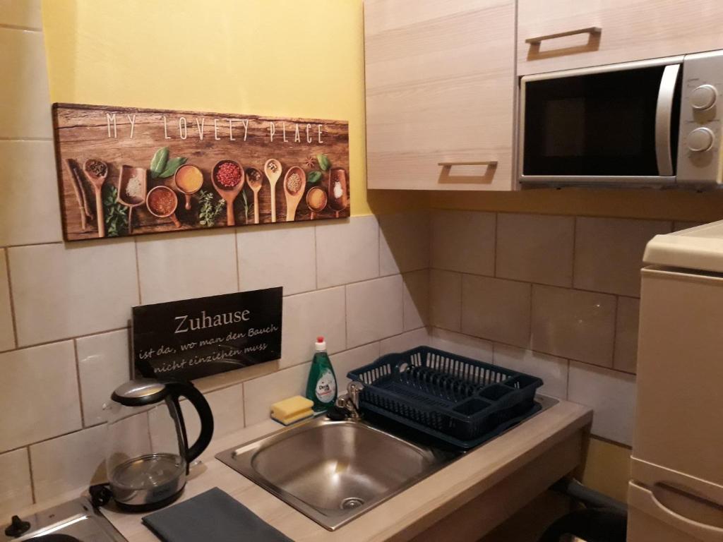 um balcão de cozinha com um lavatório e um micro-ondas em Monterooms Vienna Schönbrunn 10 minutes to downtown em Viena