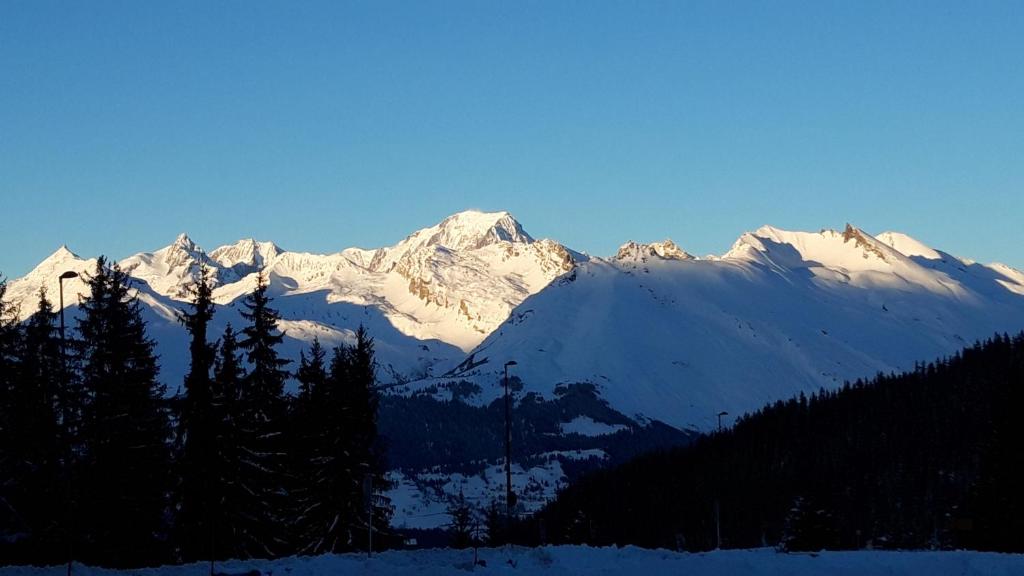 a snow covered mountain with trees in the foreground at Bourg St Maurice les Arcs 1800 Les Lauzieres jolie vue, nature, espace, bien être, plaisir, paisible in Arc 1800