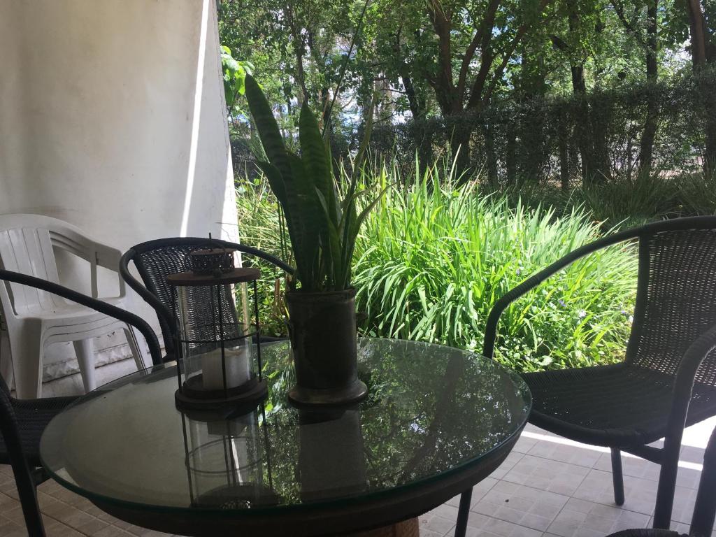 una mesa de cristal con una maceta en un patio en DEPARTAMENTO ENTERO CORDOBA CERCA DEL KEMPES/CIRCUNVALACION en Córdoba