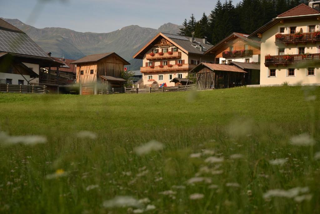 a field of green grass with houses and buildings at Haus Schaller in Valle Di Casies