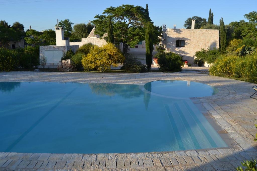 una gran piscina azul con una casa en el fondo en B&B Corte Del Camedrio en Cisternino