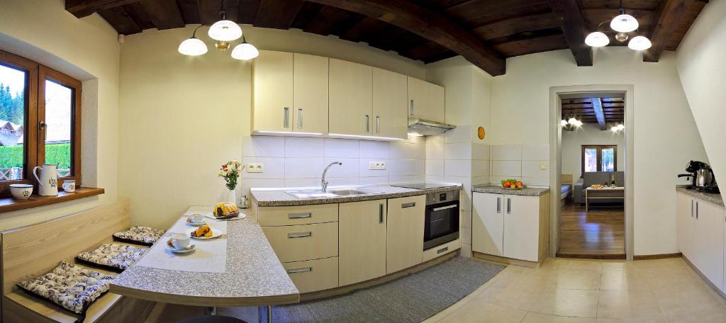 eine große Küche mit einer Spüle und einer Arbeitsplatte in der Unterkunft Apartmány Pemmeva in Vyšná Boca