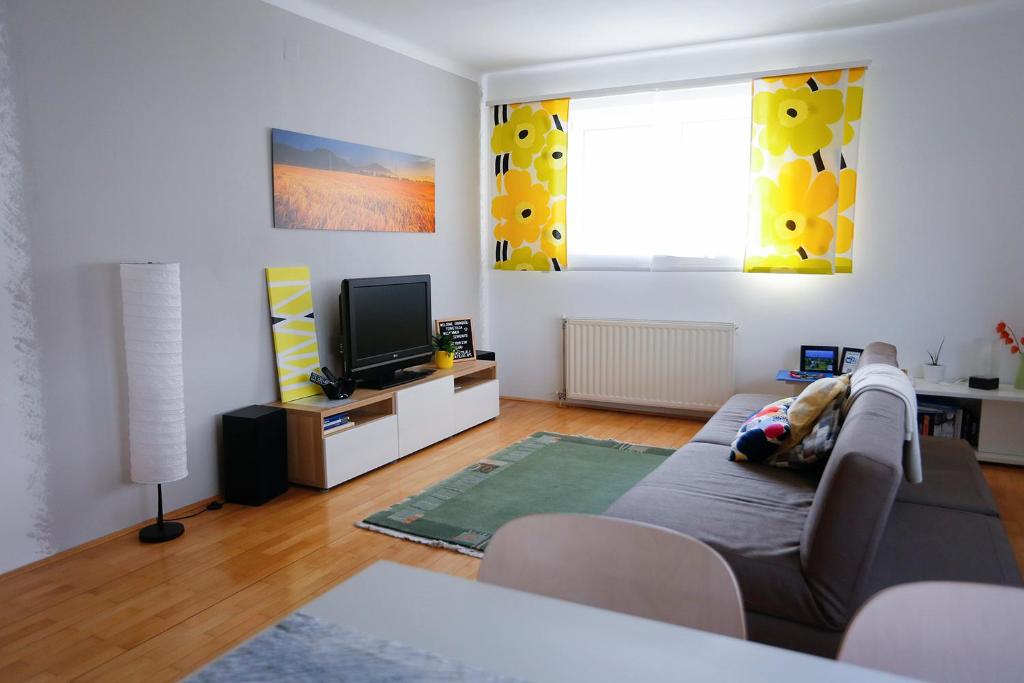 ein Wohnzimmer mit einem Sofa und einem TV in der Unterkunft Goldenfields apartment in Kranj