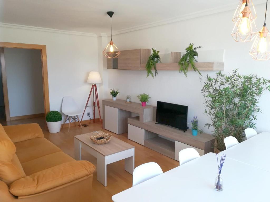 a living room with a couch and a tv at Ático BELLAVISTA con visita a bodega y cata de vinos 4 habitaciones dobles 2 baños completos in Tudela