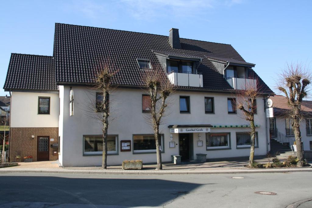 un grand bâtiment blanc avec des arbres devant lui dans l'établissement Gasthof Grofe, à Effeln