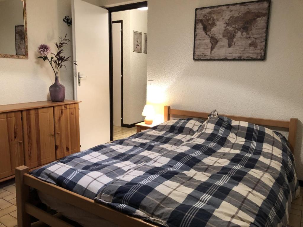 um quarto com uma cama com um cobertor xadrez azul e branco em Le Hameau des 4 Saisons em Châtel