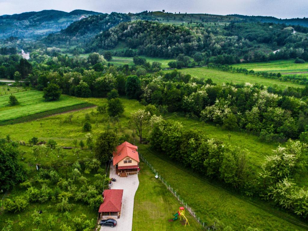 eine Luftansicht eines Hauses auf einem Feld in der Unterkunft PENSIUNEA SURYA in Ludeştii de Jos