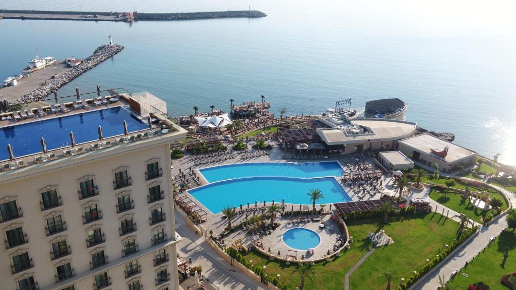 an overhead view of a building and a swimming pool at Lords Palace Hotel SPA Casino in Kyrenia