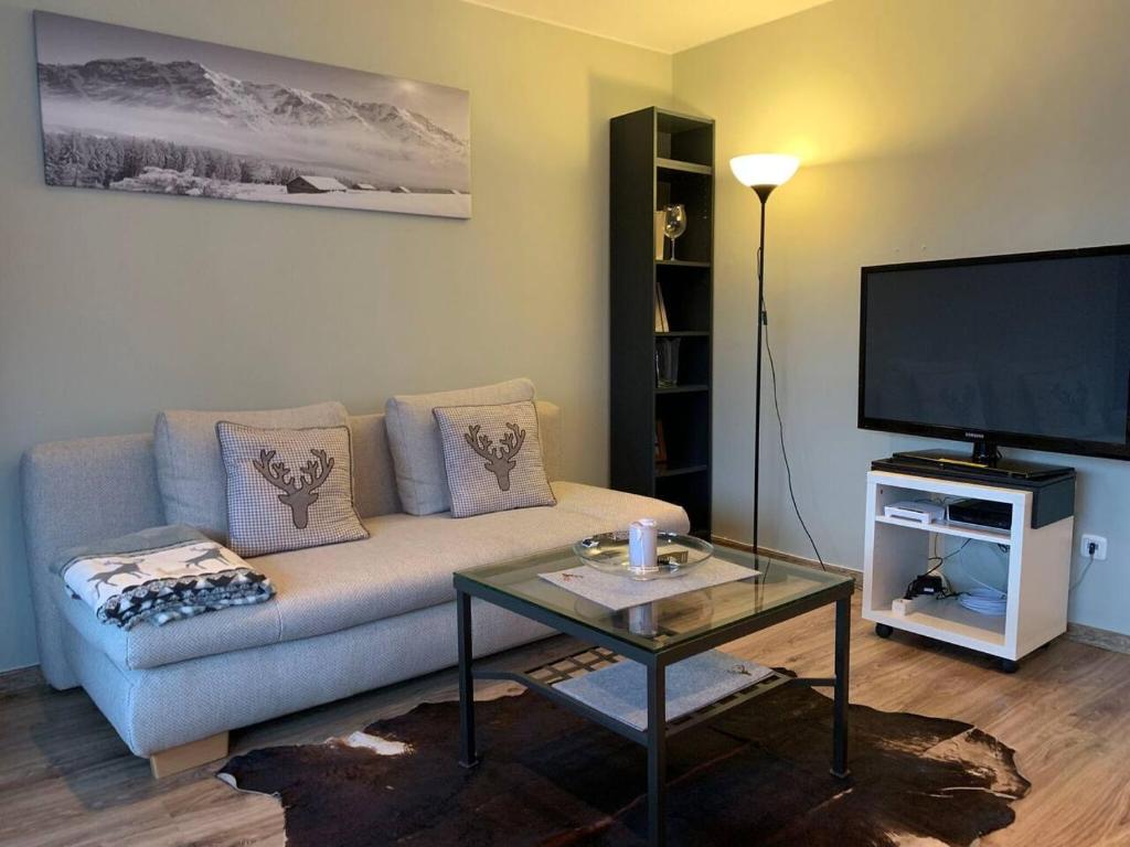 a living room with a couch and a flat screen tv at Hornhaus in Kitzbühel