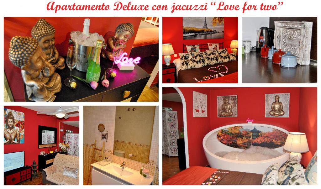 un collage de fotos de una habitación con paredes rojas en Apartamentos DELUXE Con Jacuzzi o Chimenea LOVE FOR TWO, en Collado Mediano