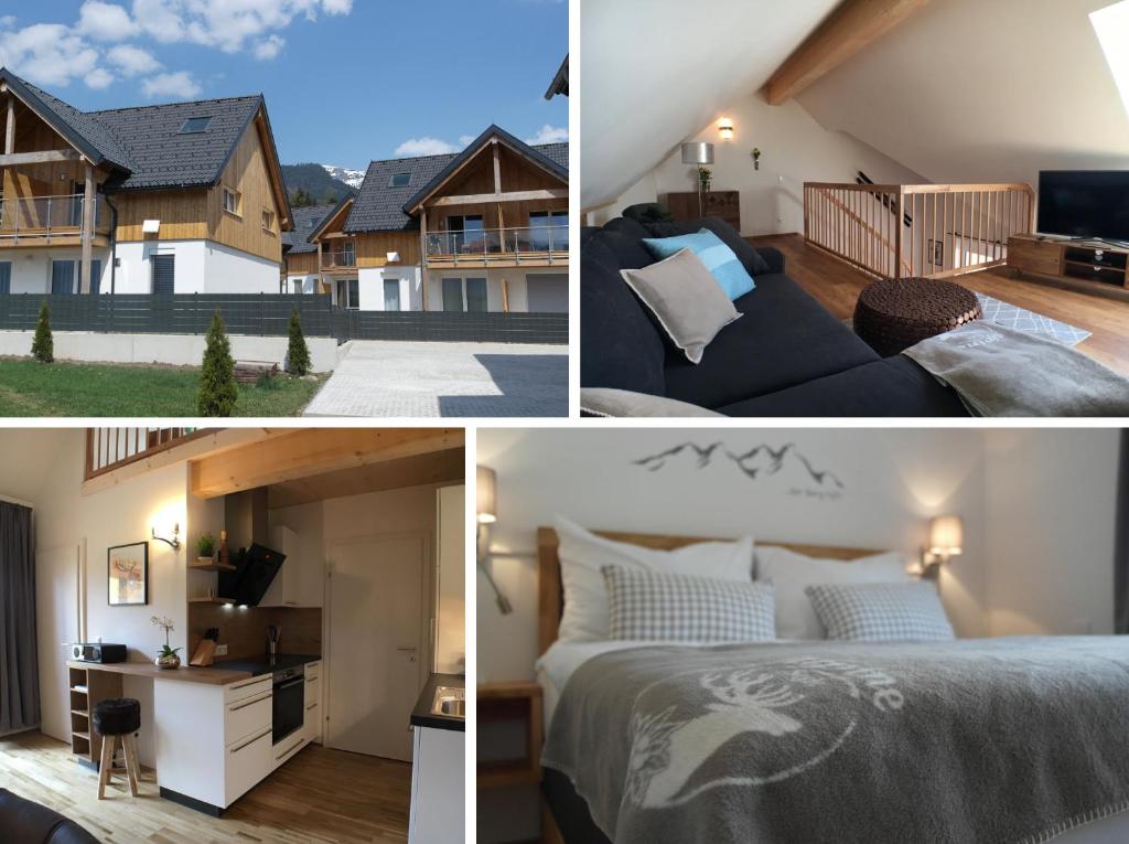 een collage van foto's van een slaapkamer en een huis bij Leben!Pur - Alpenlofts in Bad Mitterndorf