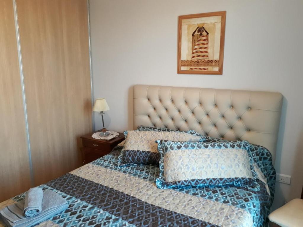 リオ・クアルトにあるCALIDO-Departamento 1 dormitorio amueblado excelente ubicacionのベッド1台(上に枕2つ付)