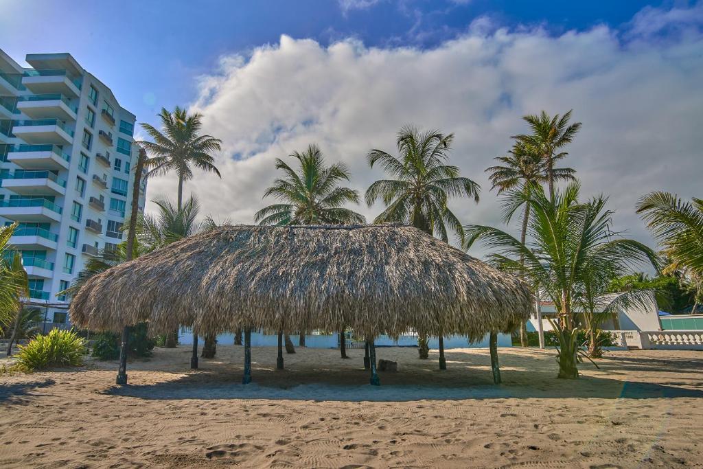 a straw hut on a beach with palm trees at Habitacion Coveñitas 203 in Coveñas