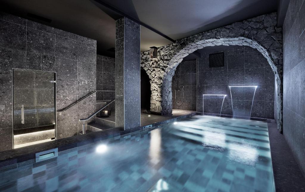 a swimming pool in a bathroom with a stone wall at Petit Hôtel Confidentiel in Chambéry