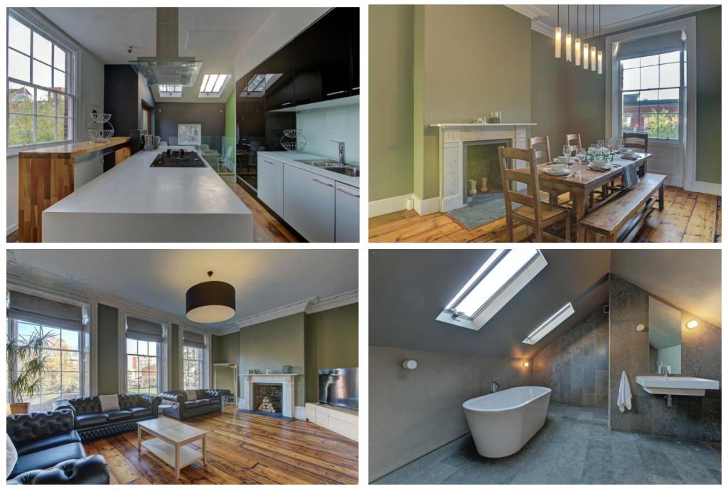 un collage di foto di una cucina e di un soggiorno di Manchesters Ultimate House - Hot tub - Sleeps 23! a Manchester