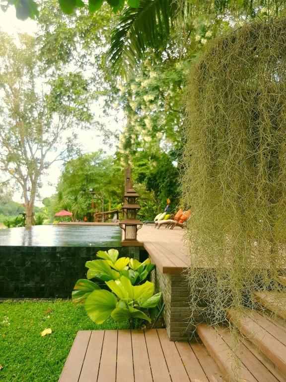 A garden pool corner with a raised wooden walkway and tropical planting.