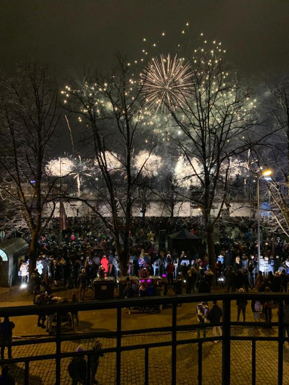 a crowd of people in a park with fireworks at 3 Bedrooms Apartment with Free Parking and River View in Riga