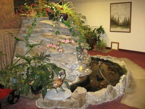 a bird standing on top of a rock pond at Glacier Gateway Inn in Cut Bank