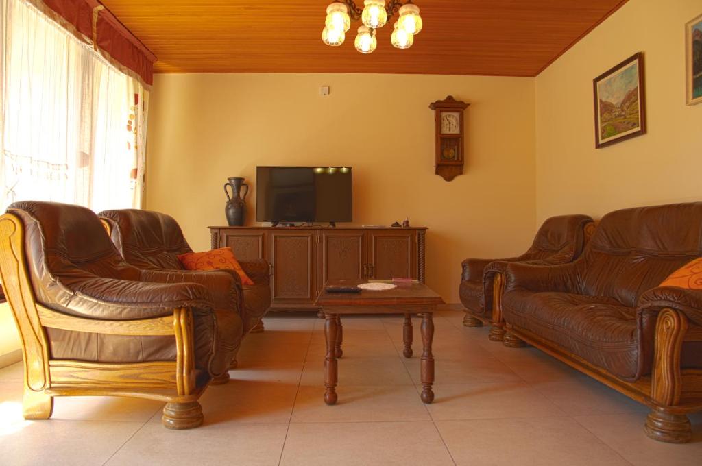 a living room with leather furniture and a flat screen tv at Apartments Bobi in Tolmin