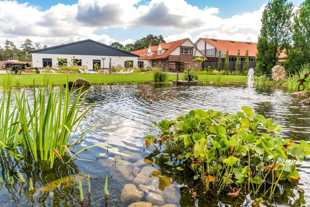 a pond with plants in front of a house at Haus am Parc in Meppen