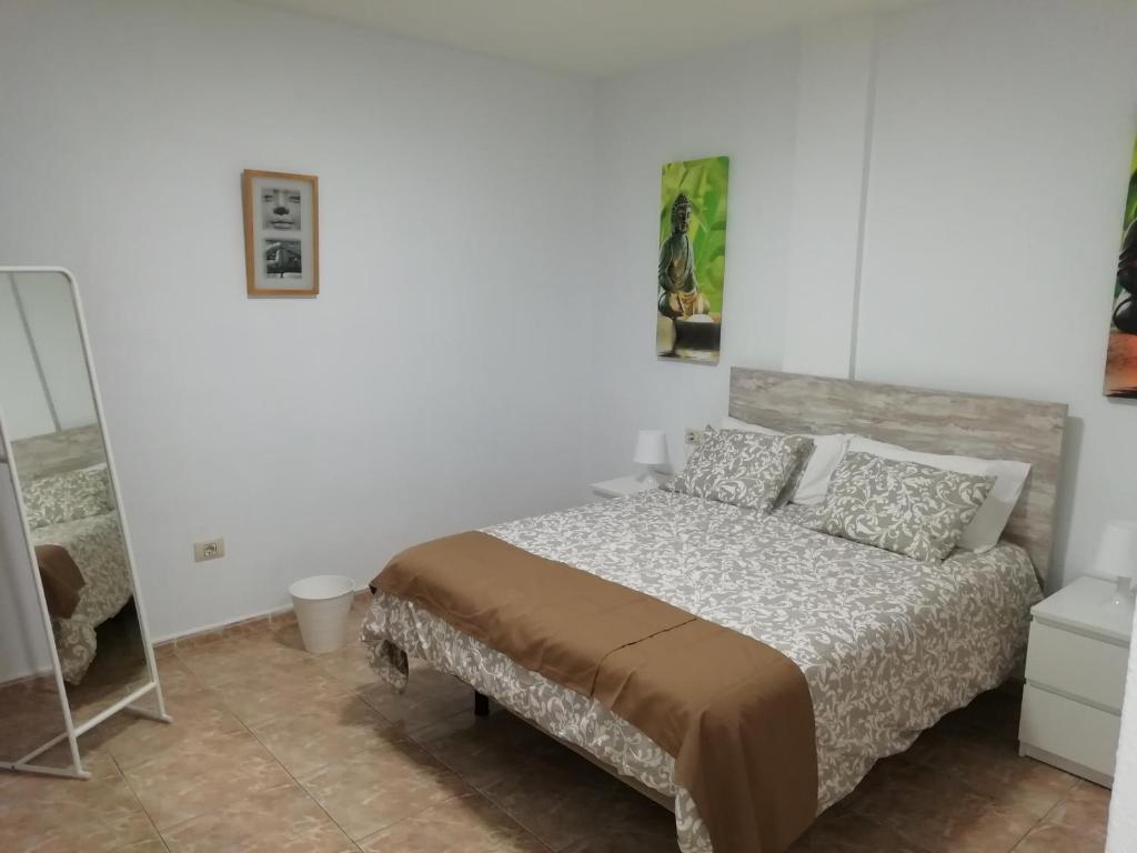 a bedroom with a bed and a mirror at THREE BEDROOM APARTAMENT II NEAR SANTA CRUZ in Santa Cruz de Tenerife