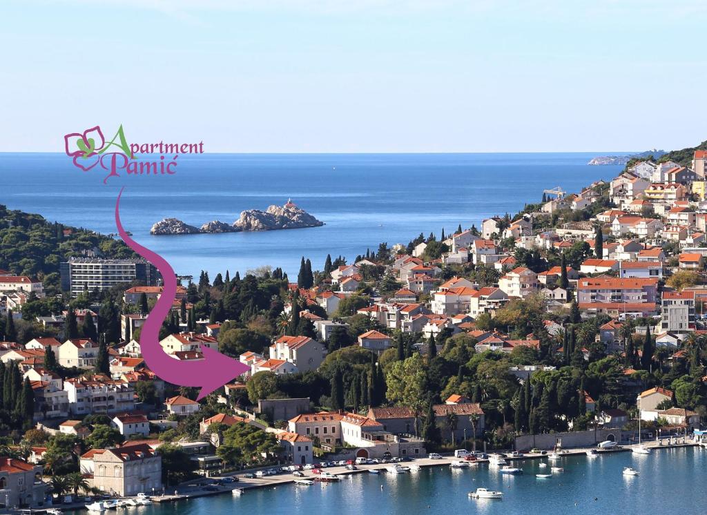 eine Karte einer Stadt auf einem Hügel neben dem Wasser in der Unterkunft Apartment Pamic in Dubrovnik