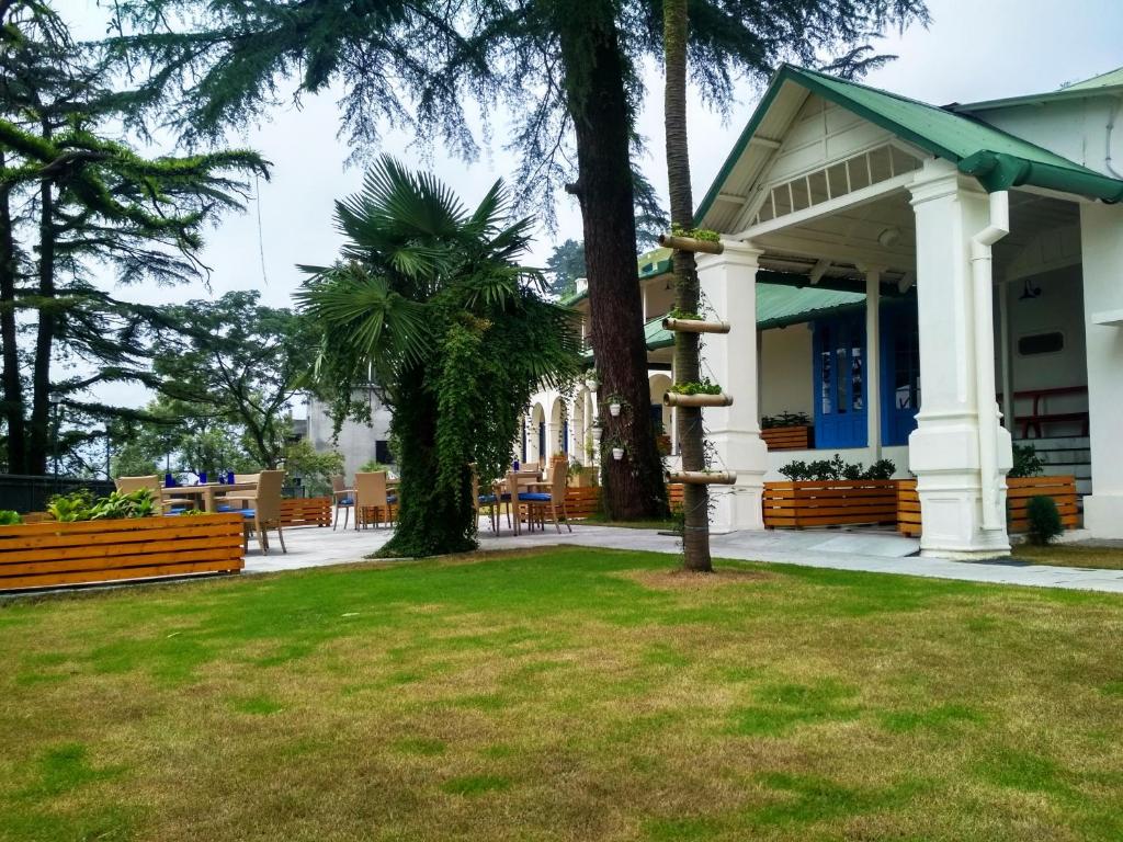 a porch of a building with a palm tree at Hotel Pine Retreat Mallroad in Mussoorie