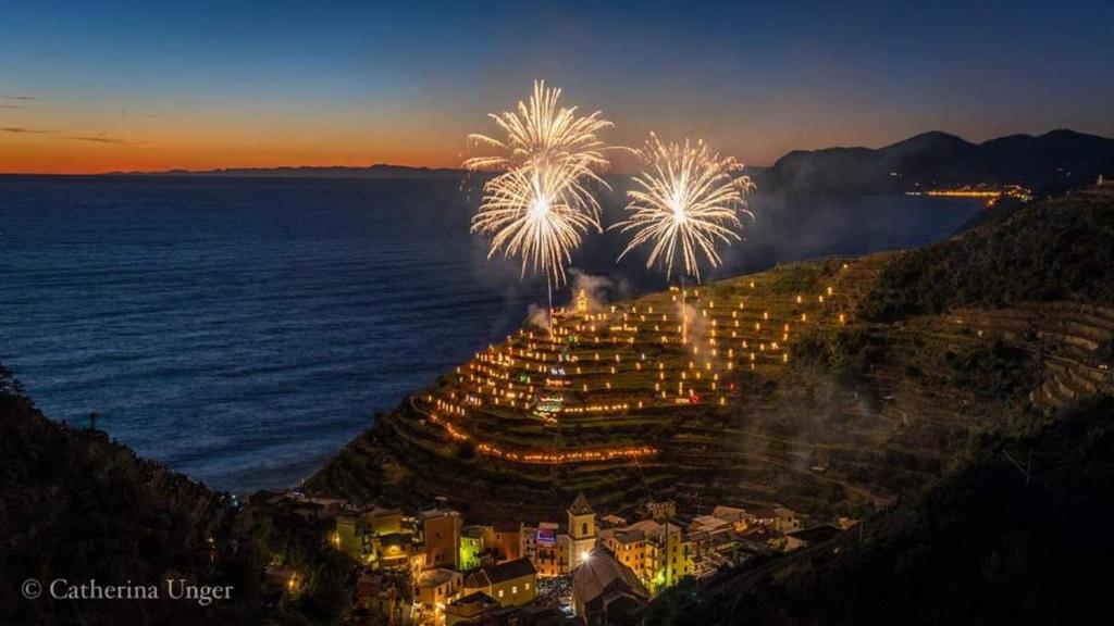 a firework display on a hill near the water at Posidonia Cinque Terre Guesthouse in Manarola