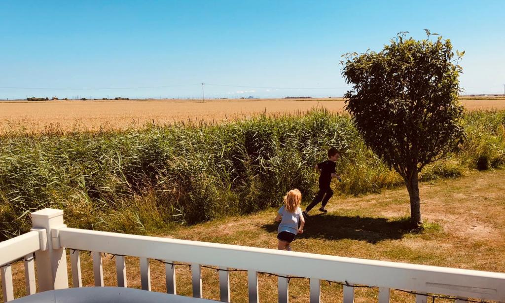 Un niño y una niña parados junto a un árbol en Sea 'n' Stars Platinum Plus Holiday home with Views, Free Wifi and Netflix, en Camber