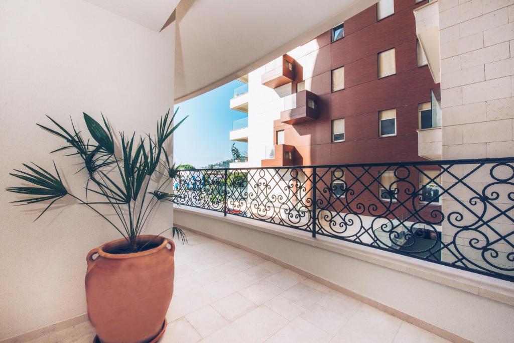 a potted plant sitting on a balcony next to a building at Iberostar Waves Slavija in Budva