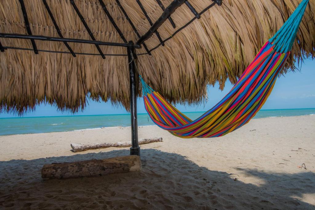 una hamaca colgada de una sombrilla de paja en la playa en Cabaña Coveñitas 5, en Coveñas