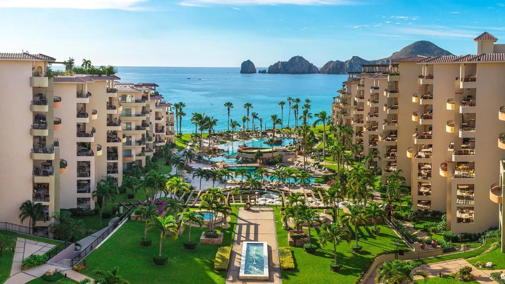 an aerial view of the resort buildings and the ocean at Cabo La Estancia in Cabo San Lucas
