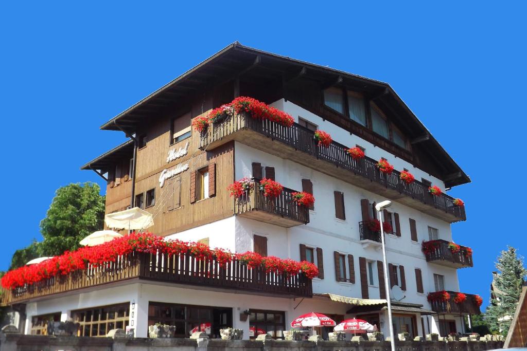 a tall building with red flowers on the balconies at Hotel Giardino in Pieve di Cadore