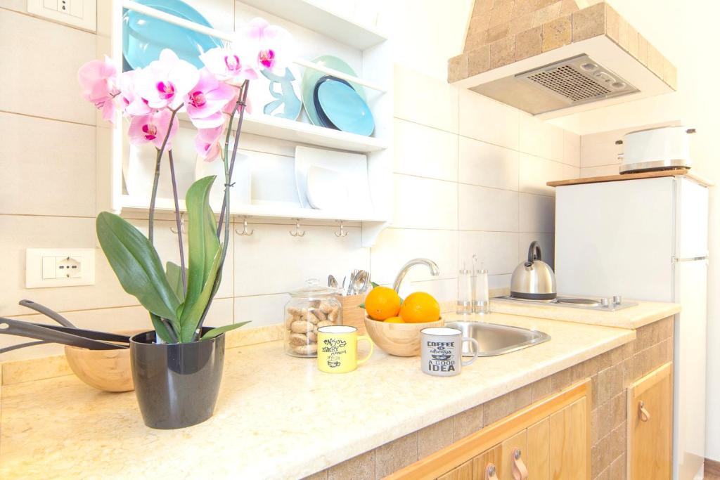 马尔萨拉Cozy apartment in Marsala 27 m² with garden balcony的厨房柜台,上面有花瓶,上面有粉红色的花朵